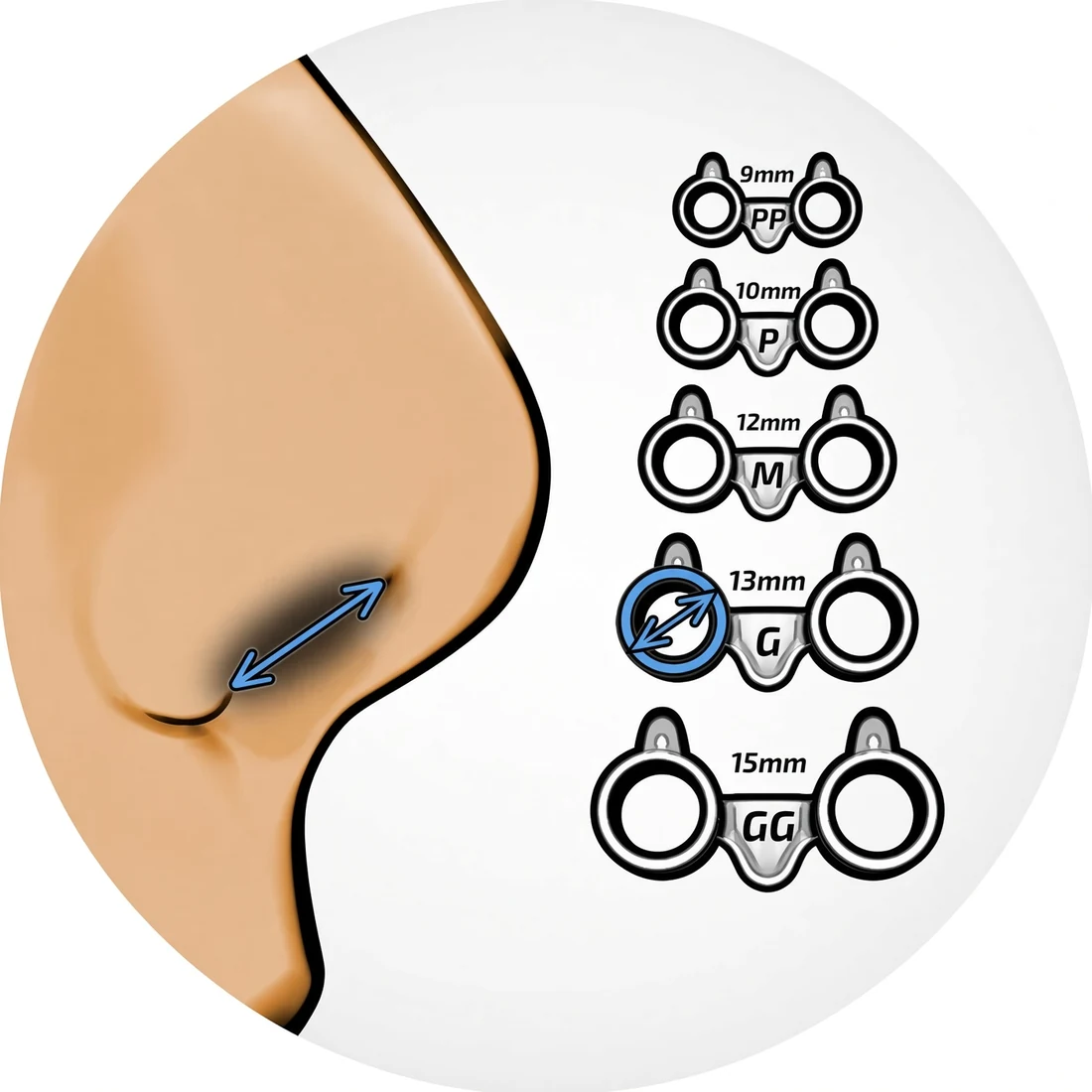 Encontre seu tamanho NasiVent: PP 9mm, P 10mm, M 12mm, G 13mm, GG 15mm
